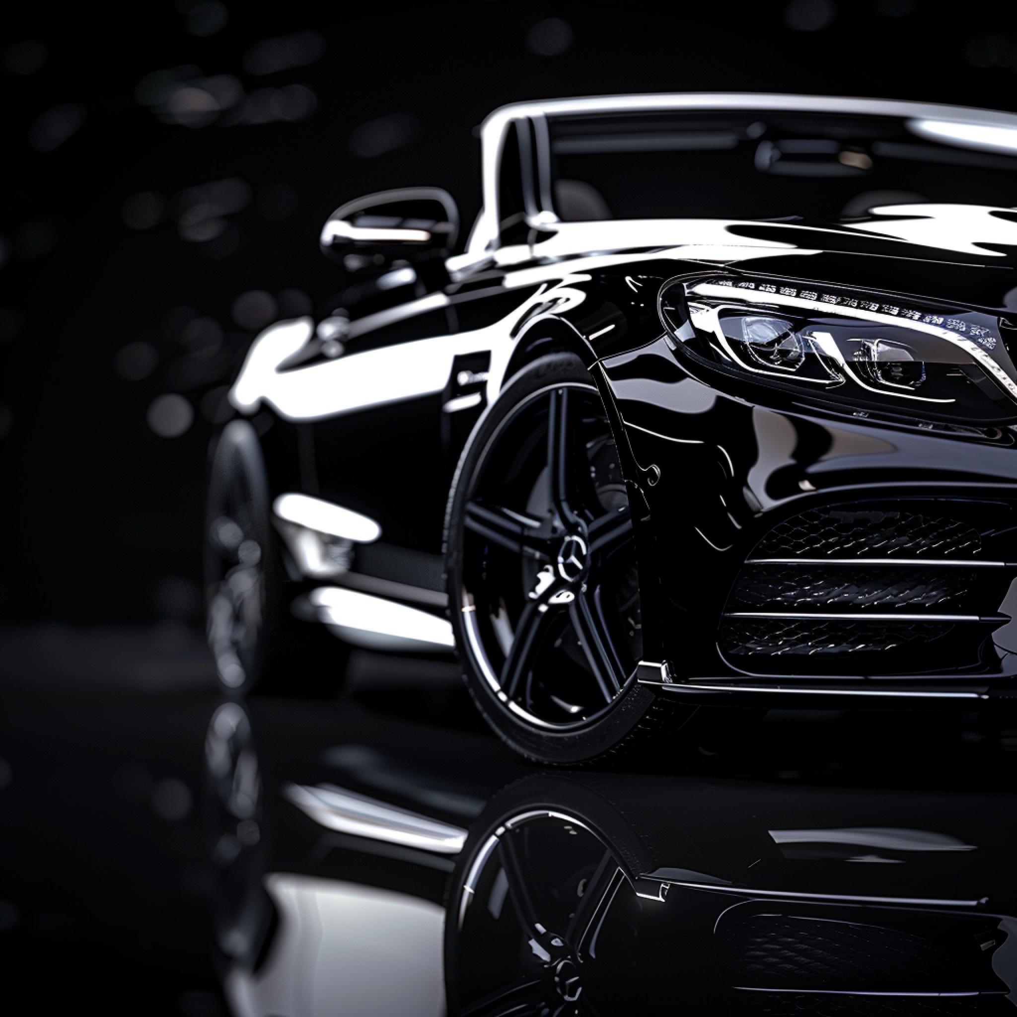 Close-up of a black sports car.